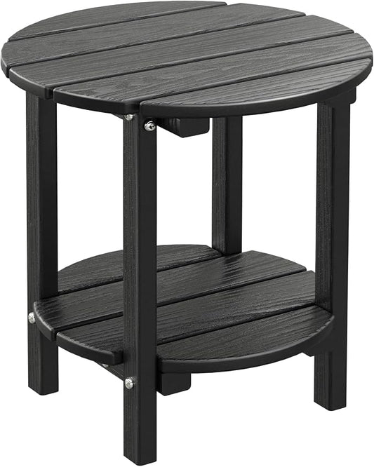 2 Tier Round Outdoor Side Table with Wood-Like Grain, HDPE Adirondack Table Patio Side Table, Weather Resistant End Table for Pool, Patio & Porch, Small Outdoor Table(Black, Round)