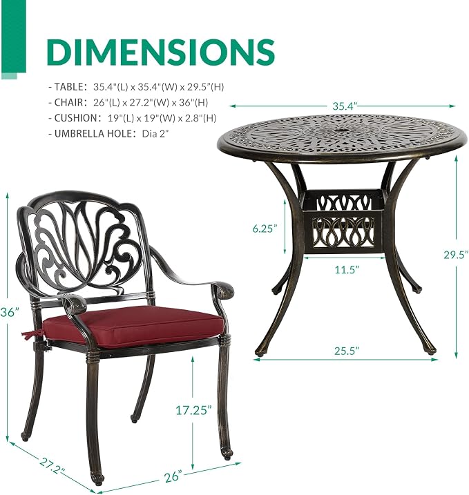 VIVIJASON 3-Piece Patio Bistro Sets, All-Weather Cast Aluminum Bistro Table Set Outdoor Patio Furniture, Include 2 Cushioned Chairs and 35.4" Round Table, 2" Umbrella Hole, Red Cushion