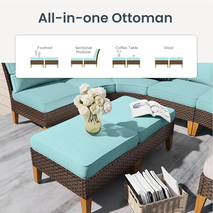 PHI VILLA Wicker Patio Furniture Set with Swivel Chairs, 12 Pieces Outdoor Conversations Set, Oversized Rattan Patio Sectional Sofa Couch with Ottoman, Aqua Blue Cushion