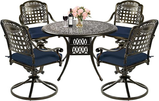 MEETWARM 5-Piece Outdoor Patio Dining Set, All-Weather Cast Aluminum Patio Conversation Set with 4 Cushions Swivel Rocker Chairs for Backyard Garden Deck and 35.4" Round Table, Navy Blue