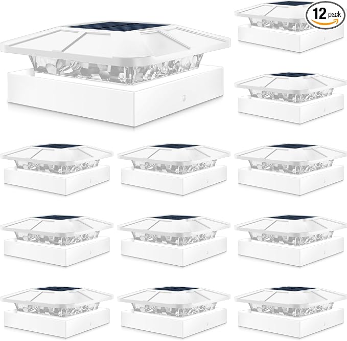 4x4 Solar Post Cap Lights Outdoor with 3 Modes, 12 Packs White Fence Light Solar Powered Waterproof for Wood/Vinyl Posts for Deck Yard Garden Patio Outside
