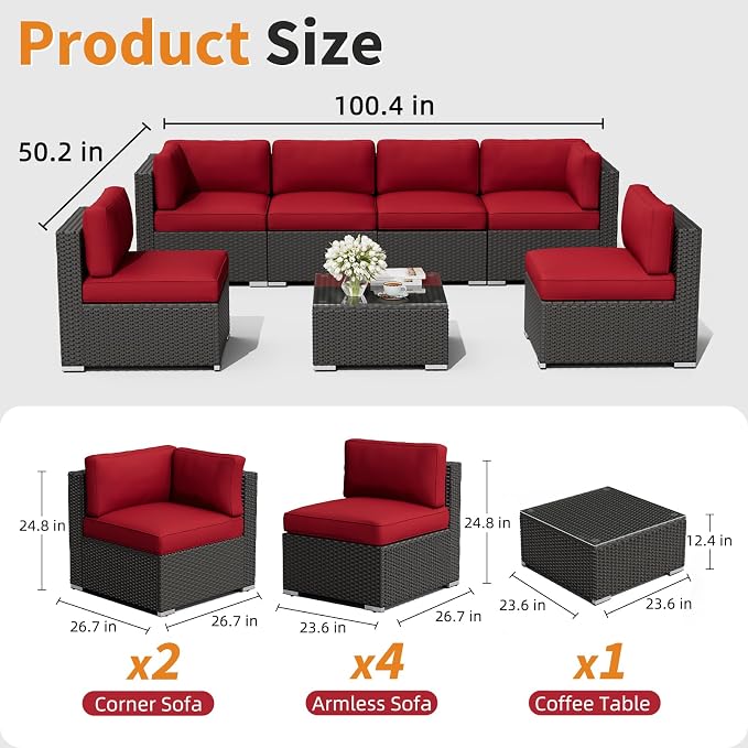 Oakcloud 7-Piece Outdoor Patio Furniture Black Rattan Wicker Sectional Sofa Conversation Set with Glass Top Table and Cushions (Red)