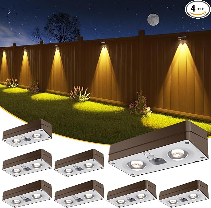 JOFIOS Solar Fence Lights 8 Pack Brown, 50 Lumens Outdoor Fence Lights Solar Powered with 12 Modes RGB Color Glow, LED Deck Lighting Outdoor Waterproof IP65, Backyard, Deck, Porch, Railing, Pool, Wall