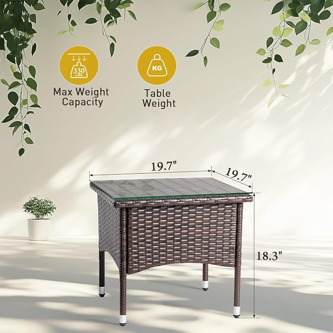 Outdoor Wicker Patio Side Tables for Outside, Tempered Glass Top Wicker Table with Storage End Table for Balcony Porch Deck