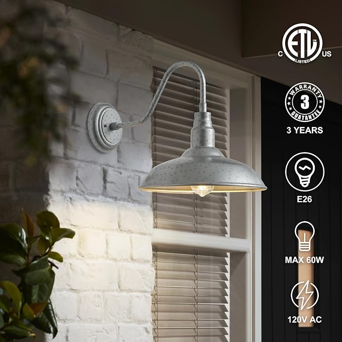 10in Dome Outdoor Gooseneck Barn Light Silver Exterior Barn Wall Lantern Farmhouse Style Outdoor Porch Wall Sconce for Patio, Yard, Garage Classic Gooseneck Lighting Fixture 1 Pack, LM2201-SV