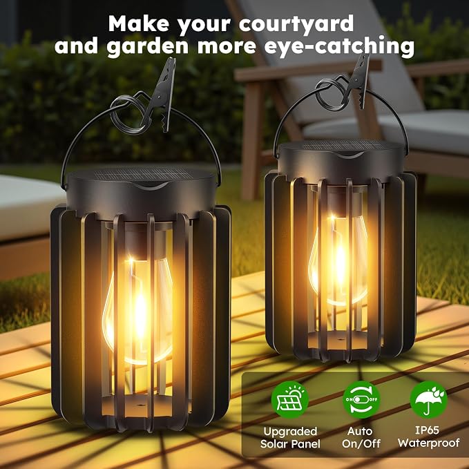 4 Pack Solar Lanterns Outdoor Waterproof, Retro Metal Hanging Lantern | 12-Hr Runtime Outdoor Solar Lantern, Auto On At Dusk, High Bright Hanging Solar Lights for Garden Porch Patio Decor, Black