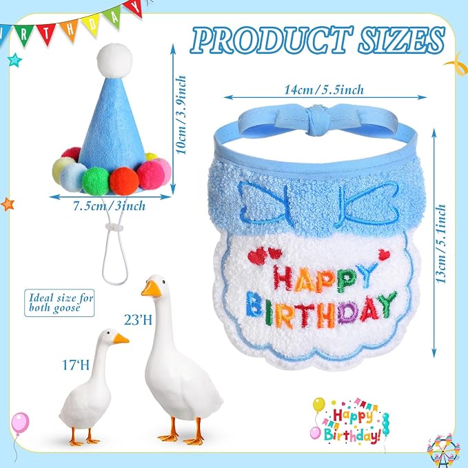Abbylike Happy Birthday Goose Outfit Lawn Porch Goose Outfits with Party Hat Bandana for 23" 17" Cement Plastic Duck Decor(Blue)