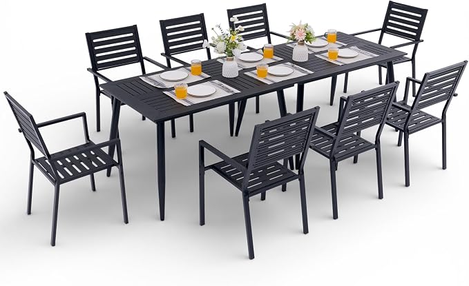10-Piece Outdoor Dining Set - Two 47.25" HDPE Patio Tables and 8 Stackable Armrest Chairs - All-Weather Rust-Proof Steel Frame for Garden, Deck(Black)