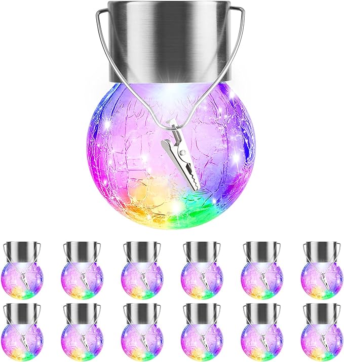 12 Pack Hanging Solar Lights Outdoor Decorative, Waterproof Solar Globe Lantern with Handle and Clip, Solar Powered Cracked Glass Ball Lights for Garden Yard Patio, Fence Tree Umbrella, Holiday Décor