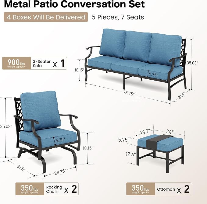 SUNSHINE VALLEY 5 Piece Metal Outdoor Patio Furniture Set, Patio Conversation Sets 3-seater Sofa, 2 Rocking Chair, 2 Ottomans with 5.75" Thick Cushion, Black All-weather Frame Backyard Furniture, Navy