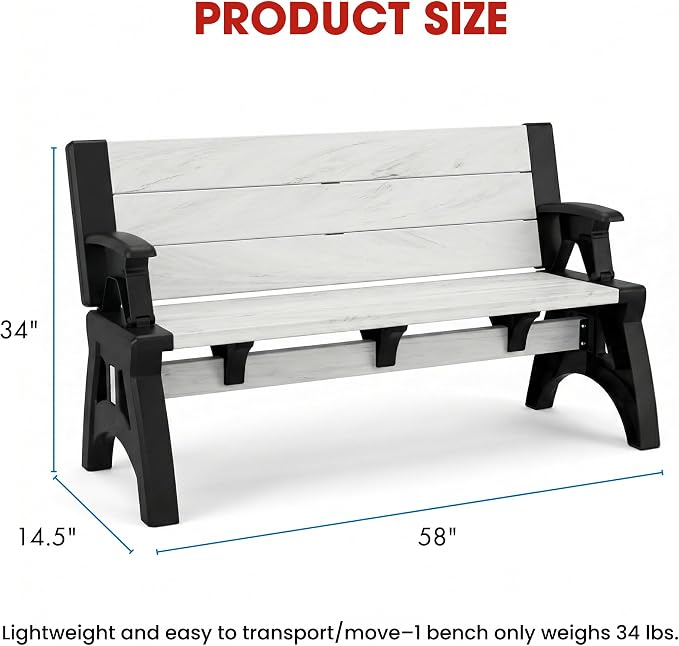 Convert-a-Bench 2-in-1 Outdoor Bench & Picnic Table - Foldable, Weather-Resistant Seating - Perfect for Patio, Lawn, Garden, or Deck - Durable & Easy Assembly - 1 Bench/Order, Midnight Birch