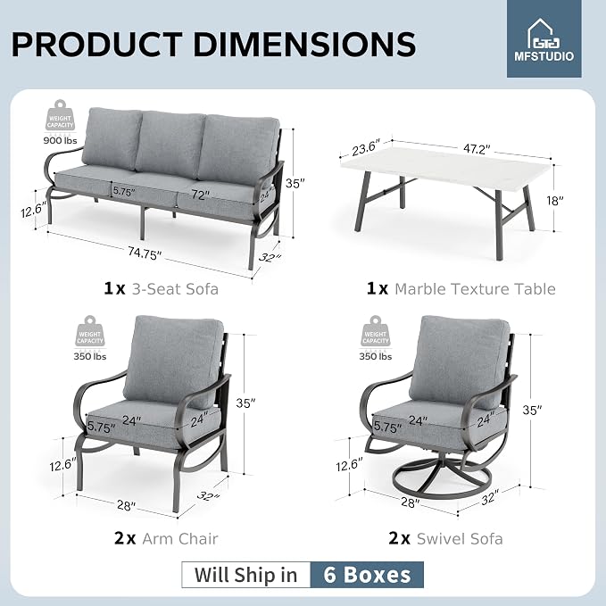 MFSTUDIO 6 Pieces Metal Patio Furniture Sets, 2 Swivel Chairs, 3-Seat Loveseat Sofa, 2 Patio Chairs & 1 Marbling Coffee Table, All Weather 7 Seats Outdoor Conversation Set for Garden Backyard, Grey