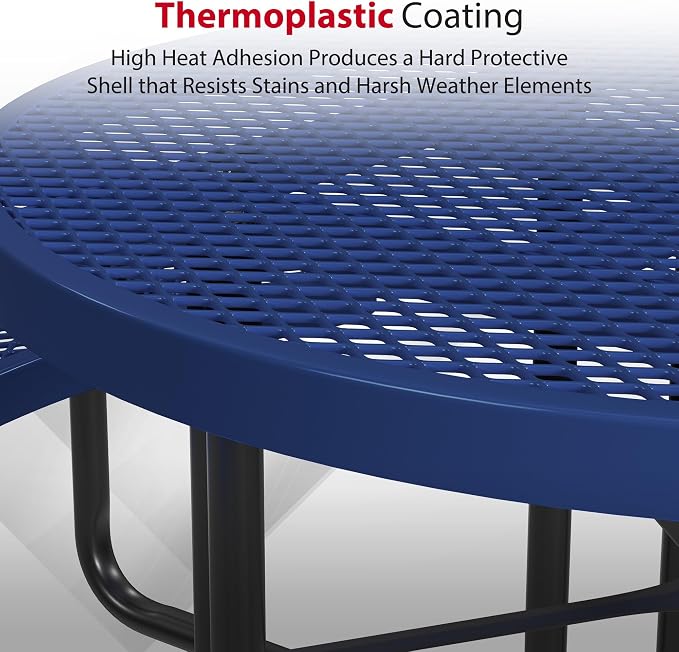 Leisure Craft Metal Picnic Table with Bench - 46"" Round Outdoor Dining Table for 8 with Umbrella Hole, Weatherproof Heavy Duty Thermoplastic Coating, Commercial Grade Furniture Made in USA - Navy