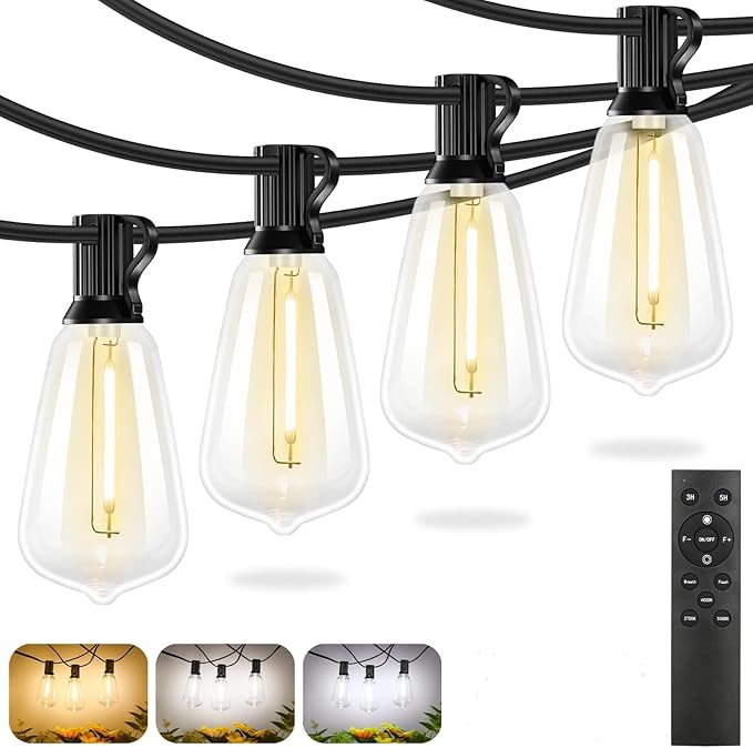 60FT Outdoor String Lights with Remote, 3 Color in 1 LED String Lights for Outside with 19 Shatterproof ST38 LED Bulbs, 3 Modes 2 Timer Outside Lighting for Patio, Deck, 2700K/4000K/5000K