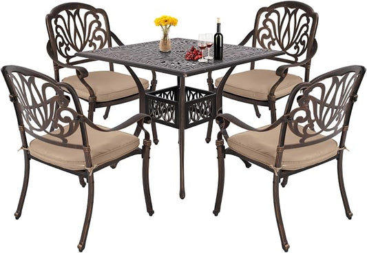 Grepatio 5 Piece Cast Aluminum Patio Dining Set Outdoor Furniture Set Patio Garden Set with 4 Ding Chairs, 4 Cushions and 35.4" Square Patio Table 2.4" Umbrella Hole, Antique Bronze (Khaki)