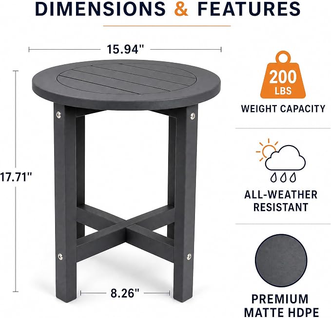 GDFStudio HDPE Outdoor Side Table, Small Patio End Table, All-Weather Round Accent Table for Porch Balcony Deck Poolside, Gray