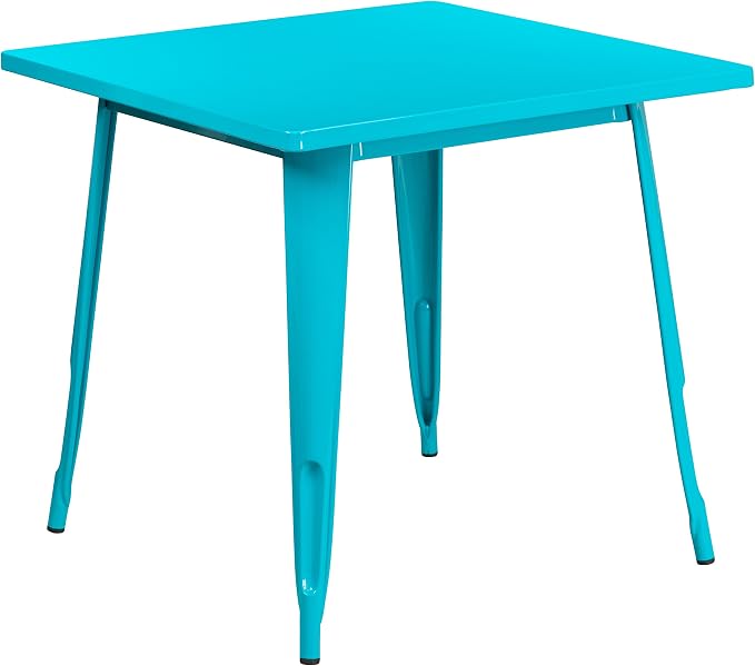Merrick Lane Nash Indoor-Outdoor Dining Table Only - Crystal Blue-Teal Powder Coated Finish - 31.5" Square Top - 27.25" Wide Base - Bracing for Added Stability