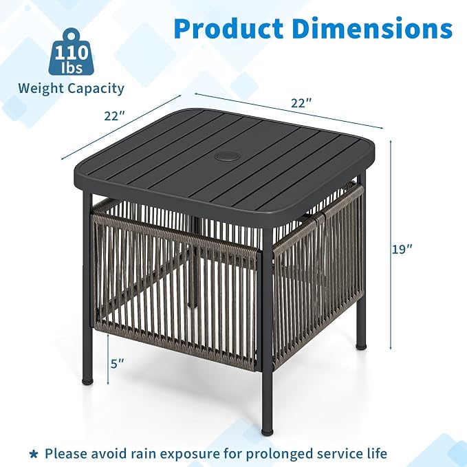 Tangkula Outdoor PE Rattan Side Table with 1.57” Umbrella Hole, Square Patio End Table with Metal Frame, Small Bistro Coffee Table for Porch, Balcony, Garden and Backyard (1)