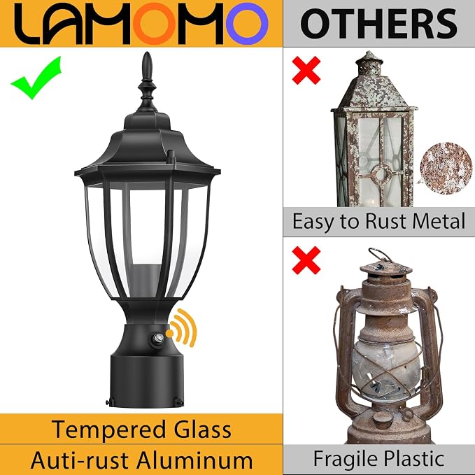 Lamomo Dusk to Dawn Outdoor Post Lights, Waterproof Aluminum Lamp Post Light Fixture, Lamp Posts Outdoor Lighting Pole Lantern for Yard Patio Pathway Garden | Anti-Rust, Waterproof Aluminum, Tempered Glass & Classic Exterior Pole Lantern for Yard Patio...