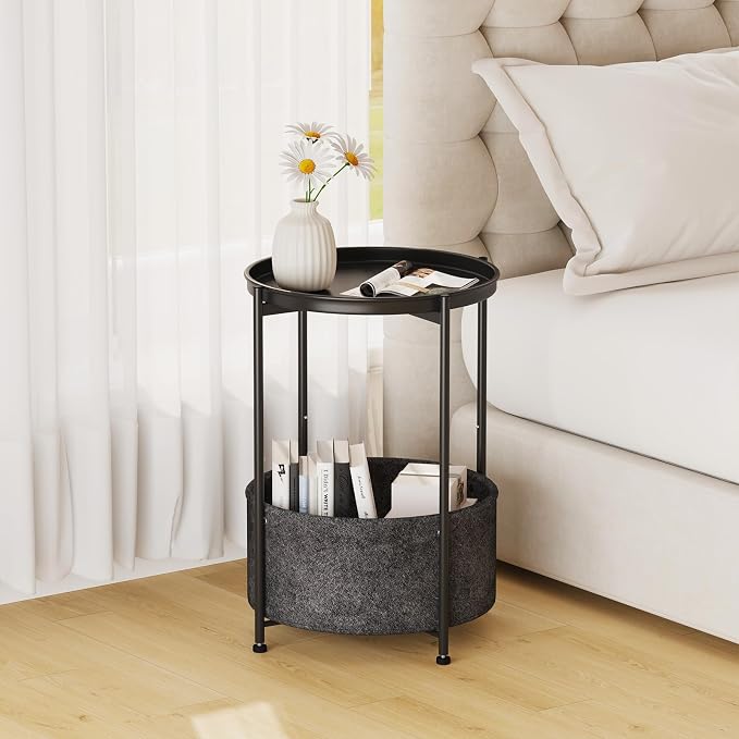 Garden 4 you Small Side Table, Mini Round End Table, Tray Table with Fabric Storage Basket, Modern Nightstand for Living Room, Bedroom, Patio, Small Space, Black