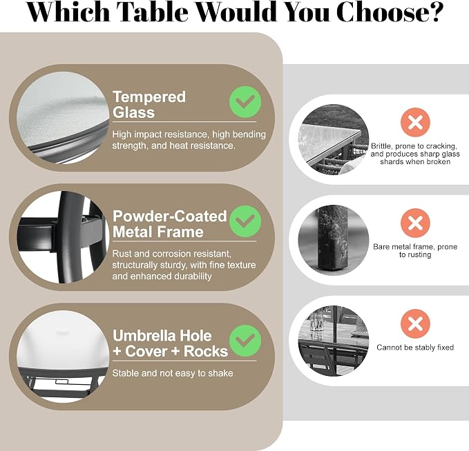 Glass Dining Table, 40" Outdoor Round Patio Table with Steel Base & 1.7" Umbrella Hole, Brown Frame