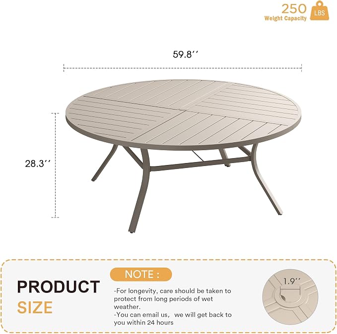 VICLLAX Round Patio Table with Adjustable Umbrella Hole for 8, All Weather Metal Outdoor Dining Table for Lawn Garden, 59.8" Outdoor Coffee Table, Cream Color Frame