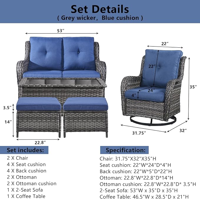 Belord 6 Piece Wicker Patio Furniture Set, Outdoor Swivel Rocker Chairs Set of 2 with Ottomans and Loveseat, All Weather Patio Conversation Furniture Set, for Pool,Yard,SunroomGray Wicker/Blue
