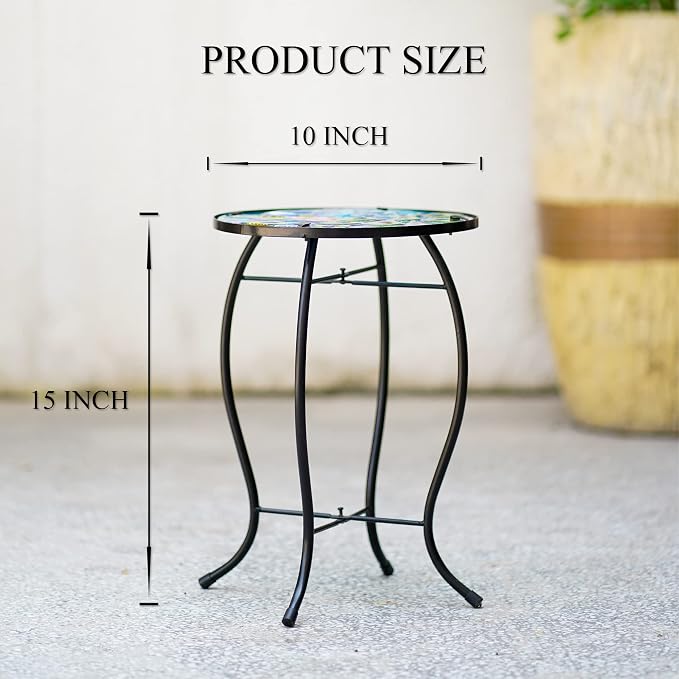 Peacock Patio Side Table, Small Patio Outdoor Side Table, Plant Table,Metal Glass End Table for Porch Garden Yard Pool.