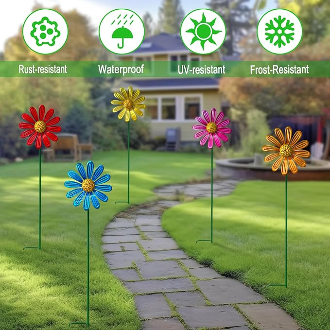 Metal Colorful Daisy Wind Spinners,5 Pack Flower Outdoor Yard Garden Stakes | Metal Wind Spinner Yard Stake,Garden Decorations for Patio and Lawn
