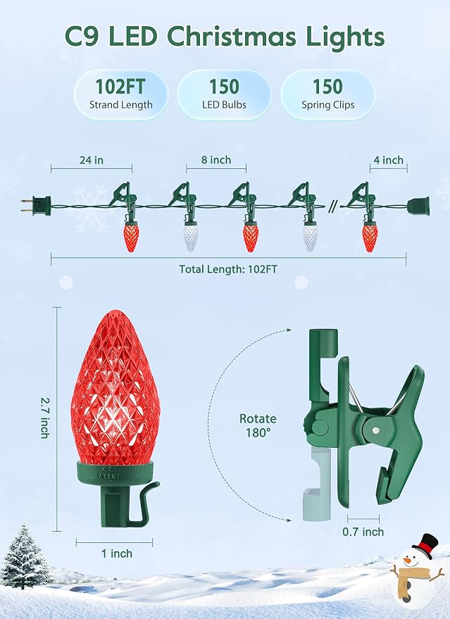 C9 Christmas Lights Outdoor, 102FT 150 LED String Lights with Spring Clips | Waterproof Connectable Commercial Grade Christmas Tree Lights for Outside Roofline Patio Yard Home Xmas Decor, Red|Pure White