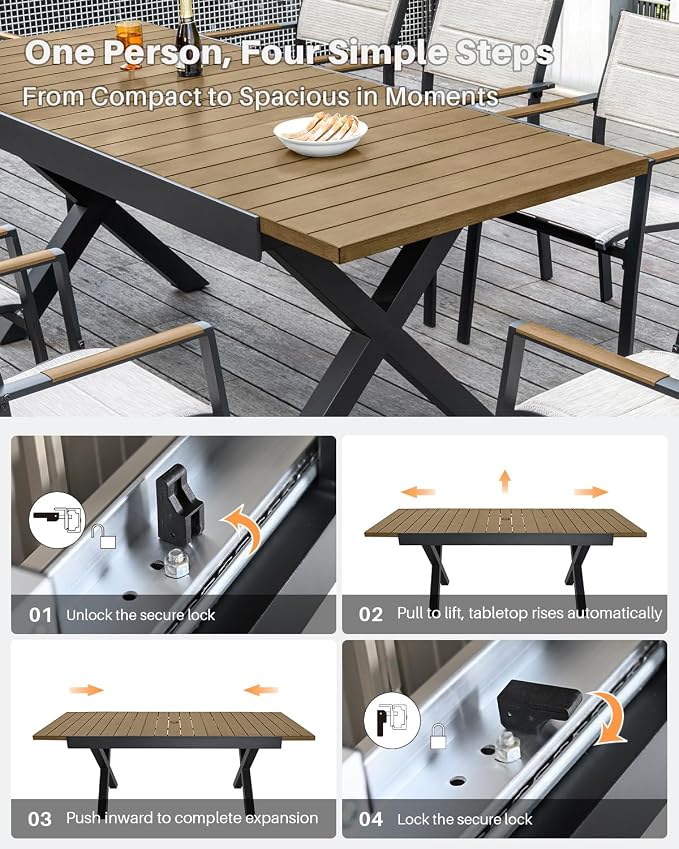 9-Piece Expandable Patio Dining Set, 8 Stackable Double-Layer Textilene Chairs and 63''-83'' Expandable Patio Dining Table, Never-Rust Aluminum Outdoor Dining Table Set for Deck, Indoor, Teak
