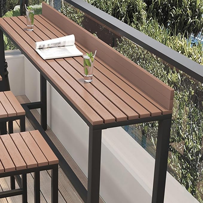 Outdoor Bar Table, Patio Pub Height Table with Anti-Fall Baffle, All-Weather Bar Height Counter Table, Narrow Dining Table for Hot Tub, Garden & Backyard(Color:Black+Wood,Size:L-78.7in)
