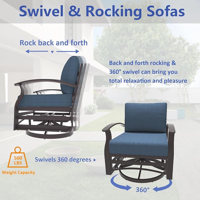 ALAULM Aluminum Patio Furniture Set with Coffee Table Rectangular, 5-seat Outdoor Sectional Furniture w/2 Swivel Chairs, Patio Conversation Set for Porch, Backyard, Poolside-Grey