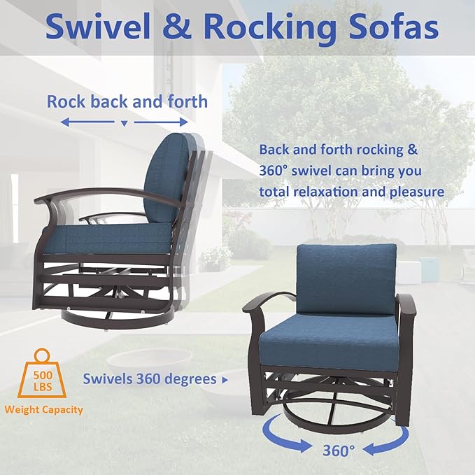 ALAULM 5 Piece Aluminum Outdoor Swivel Chairs High Back Metal Swivel Rocking Chairs with 5.1" Sponge Cushions, 2 Ottmans and 1 Coffee Table for Patio, Porch, Backyards, Garden(DarkBlue)