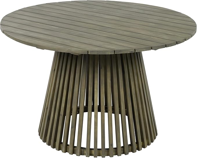 roomfitters 47.25" Round Outdoor Dining Table, Slatted Pedestal Base Acacia Wood Patio Table for 4-6 People, Grey