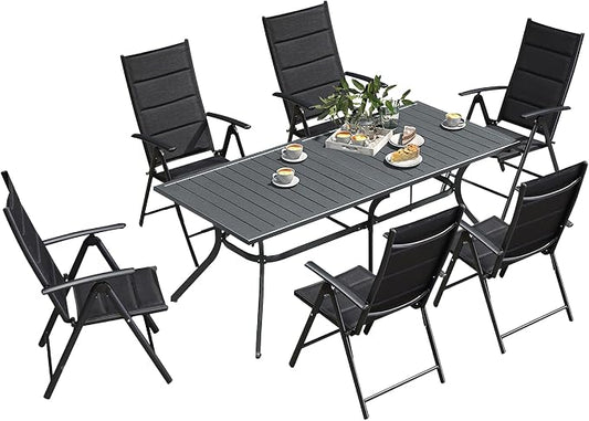 PURPLE LEAF 7 Pieces Outdoor Dining Set Folding Patio Dining Set with Aluminum Rectangular Table and Padded Chairs All Weather Dining Table Sets for Garden Backyard Poolside, Black