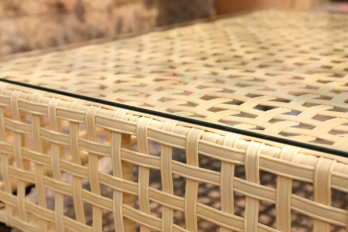 Outdoor Wicker Patio Side Table with Tempered Glass Top, 2-Tier PE Rattan End Table with Storage Shelf for Balcony,Garden, Backyard,Porch,Small Outdoor Table,Beige