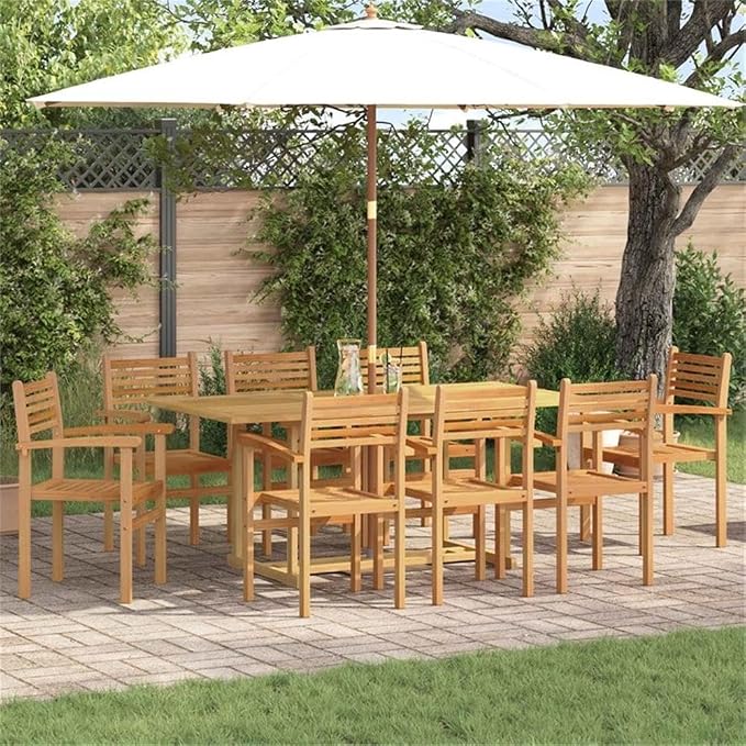 Afuera Living Contemporary Solid Teak Wood Garden Dining Set, Brown Finish, Weather-Resistant, Durable 8-Seater Patio Furniture with Spacious Table and Chairs, Modern Style for Outdoor Dining or