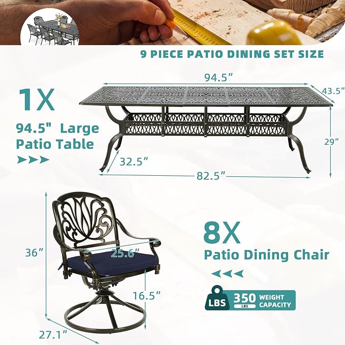 MEETWARM 9-Piece Outdoor Patio Dining Set for 8, All Weather Cast Aluminum Patio Funiture Table and Chairs Set- 94.5” Rectangular Table and 8 Cushioned Swivel Rocker Chairs, Umbrella Hole, Navy Blue