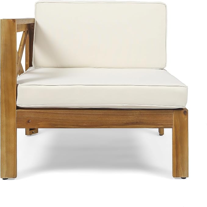 Merax Patio Furniture Set L-Shape Sofa with Table and Cushions for 3-Person, Acacia Wood Outdoor Conversation Set for Patio Deck Backyard Poolside (Beige)