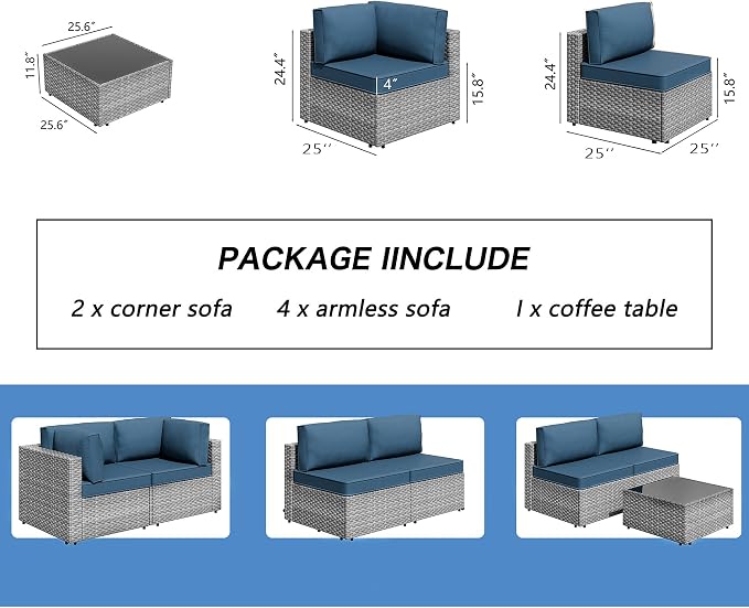 7 Piece Outdoor Patio Furniture Set,Silver PE Rattan Wicker Sectional Sofa, All Weather Conversation Set with Washable Cushions & Glass Coffee Table for Backyard Poolside Garden Porch,Navy Blue