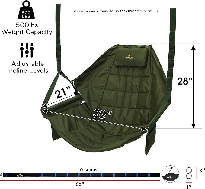 Tranquillo Hanging Hammock Chair, Patio Swing Chair, Outdoor Swing Chair with Headrest, Armrest, Cup Holders, Porch Swings Outdoor and Hammock Tree Straps, Net Moss Green