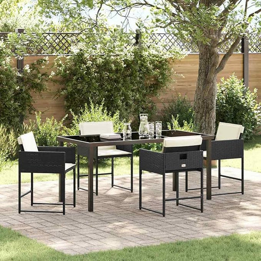 5 Piece Garden Dining Set, Black Poly Rattan Patio Furniture Table and 4 Chairs for Outdoor Backyard Deck Porch