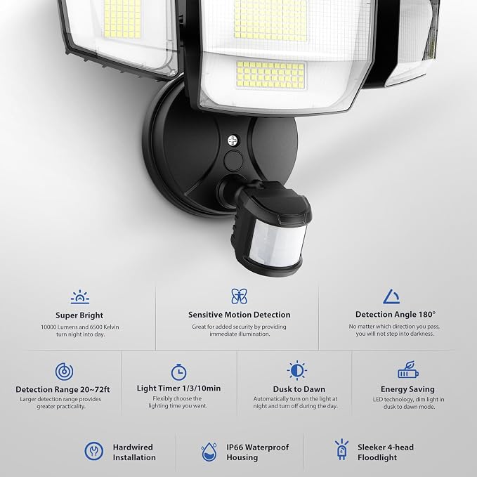 Onforu 90W 10000LM LED Motion Sensor Outdoor Lights, 4-Head Dusk to Dawn Outdoor Lighting, 2 Pack Hardwired Flood Lights, IP66 Waterproof 6500K Security Floodlight for Outside (Black)
