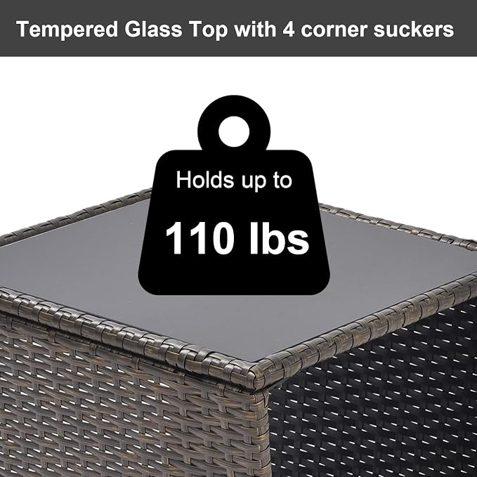 Patio Wicker Storage Side Table,Outdoor PE Rattan Woven Coffee End Table with Tempered Glass Top for Indoor Outdoor Porch Lawn Poolside Garden Backyard Balcony(Dark Blonde)