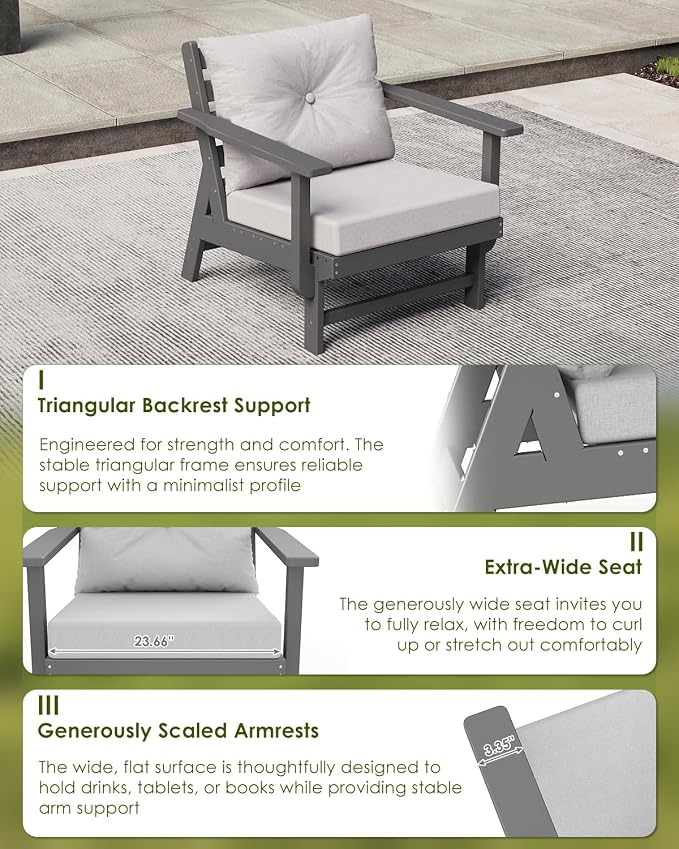GREENVINES Outdoor-Couch | HDPE Plastic | Patio Sectional Conversation Set | All Weather Couches | Sofa with Detachable Armrests | for Porch Deck Lawn | Gray Frame Light Gray Cushion