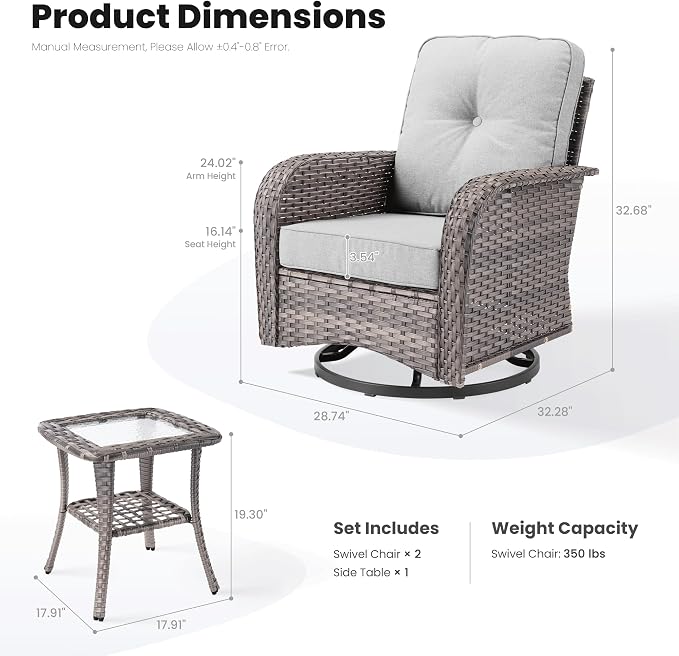 ovios 3-Piece Patio Furniture Set, Outdoor Wicker Sofa with Swivel Chairs, High Back Rattan Gliders Rocker with Comfy Cushions for Porch Yard Deck, Grey