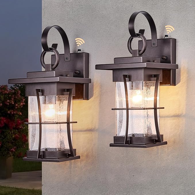2 Pk Oil Rubbed Bronze Outdoor Sconces Light with Dusk to Dawn Sensor Photocell Exterior Porch Lanterns Outside Wall Lamps Waterproof Brown Metal with Seeded Glass Coach Light Fixtures for House