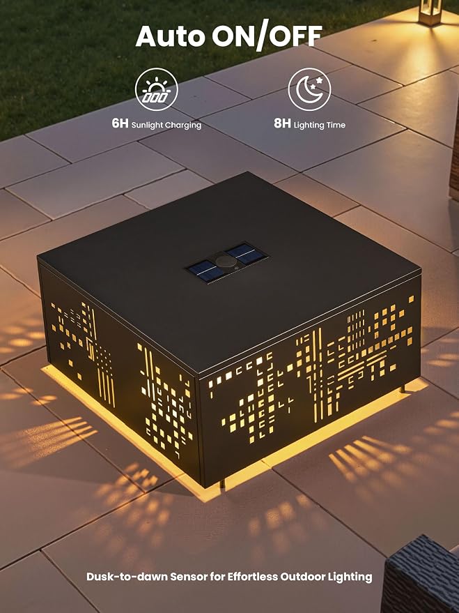 27" Outdoor Solar-Light Coffee Table with Geometric Cut-Out Design, Square Accent Coffee Table with Umbrella Hole, All Weather-Resistant Side Table for Patio, Garden, Deck, Black