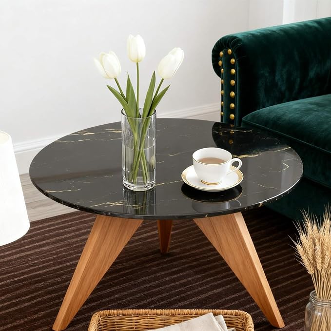 28 Inch Round Black Marble Glass Table Top, 8mm Thick Tempered Glass Tabletop for Dining Tables, Coffee Tables, Patio Tables